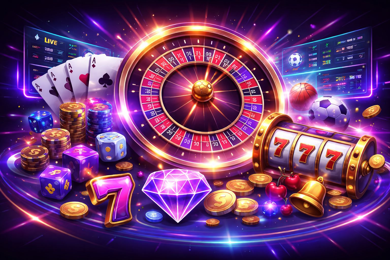 Dynamic online gaming display with digital cards, roulette elements and sports betting visuals representing 35BD variety