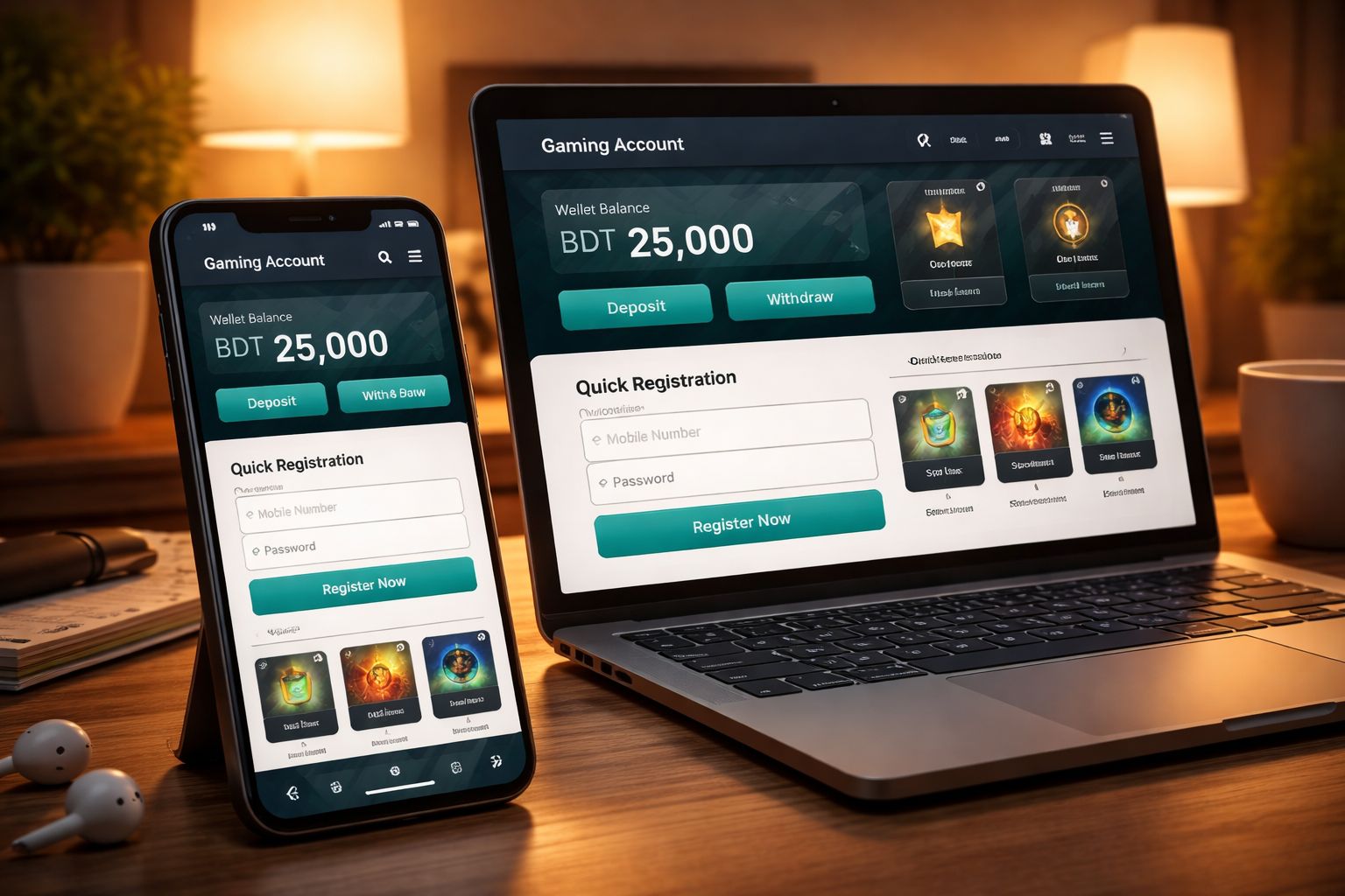 Mobile gaming setup featuring account access, wallet controls and casino interface for 35BD players in Bangladesh