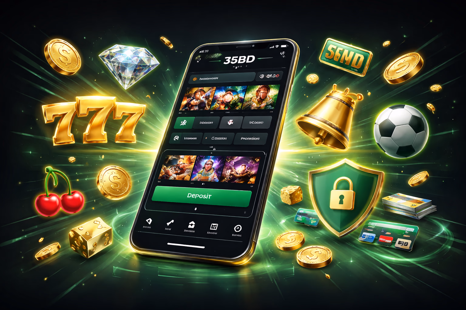 Smartphone with the 35BD app open beside glowing casino graphics and modern mobile gaming visuals