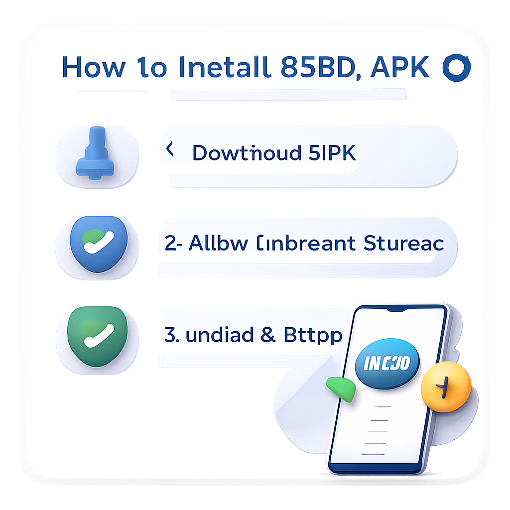 Clean visual of a phone installing the 35BD app with download and security symbols in a modern indoor scene