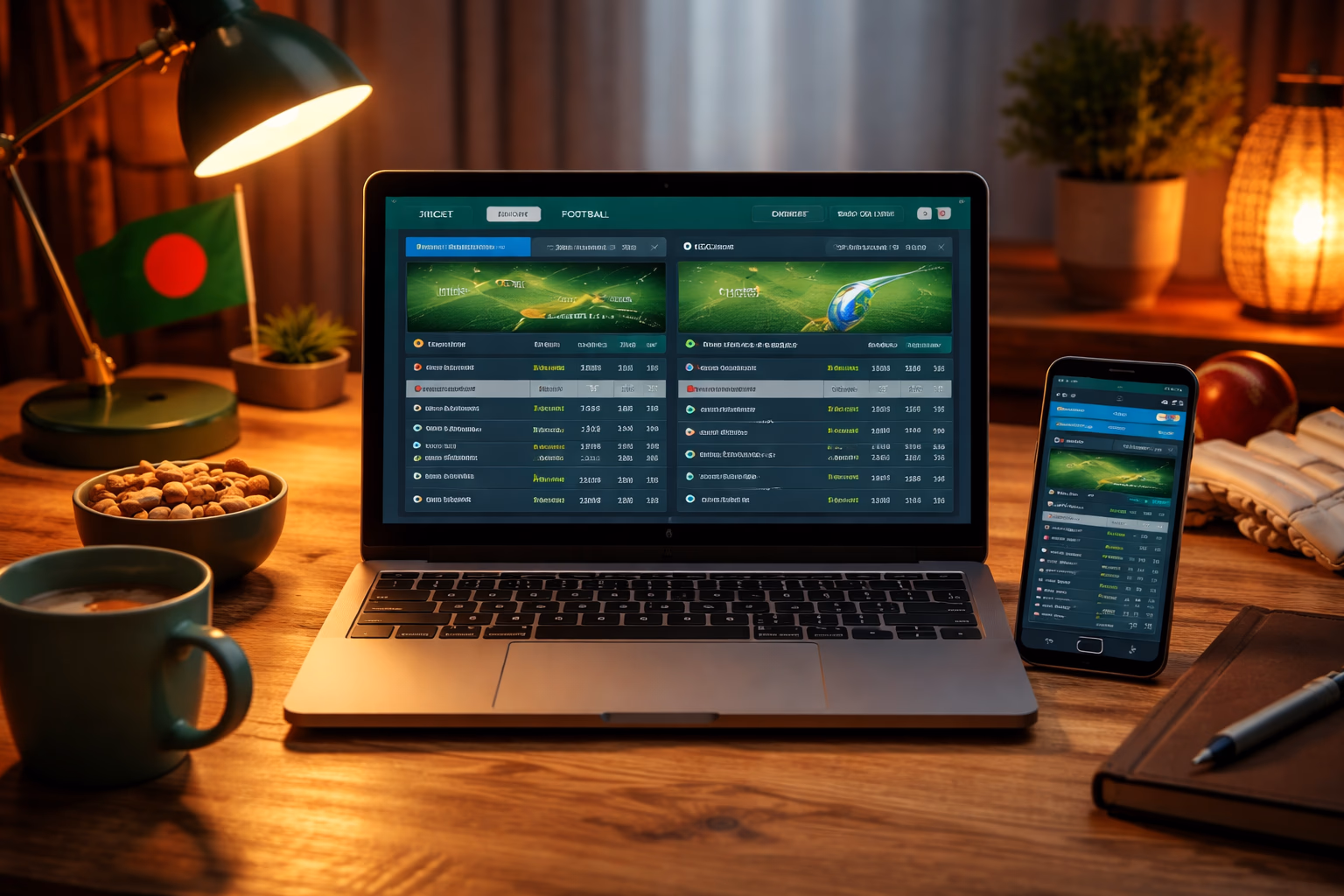 Modern betting screen with 35BD sports markets open beside a live match viewing setup