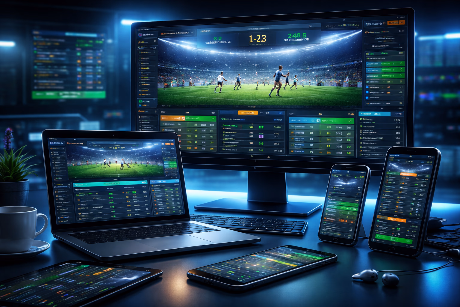 Live sports wagering scene with 35BD odds displayed across mobile and desktop screens during an active match