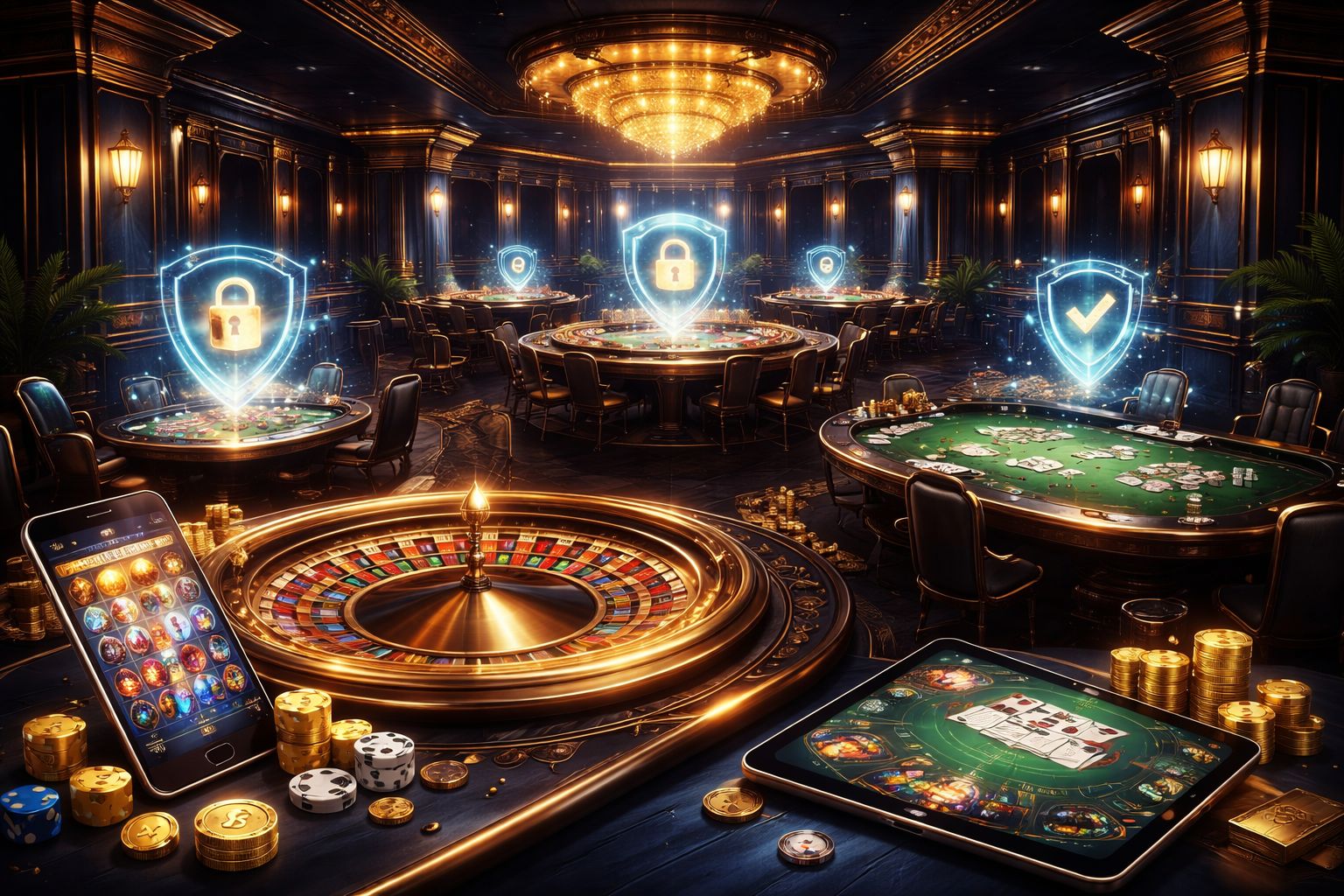 Premium virtual casino environment with glowing live tables, reels, and secure mobile play elements for Bangladesh users