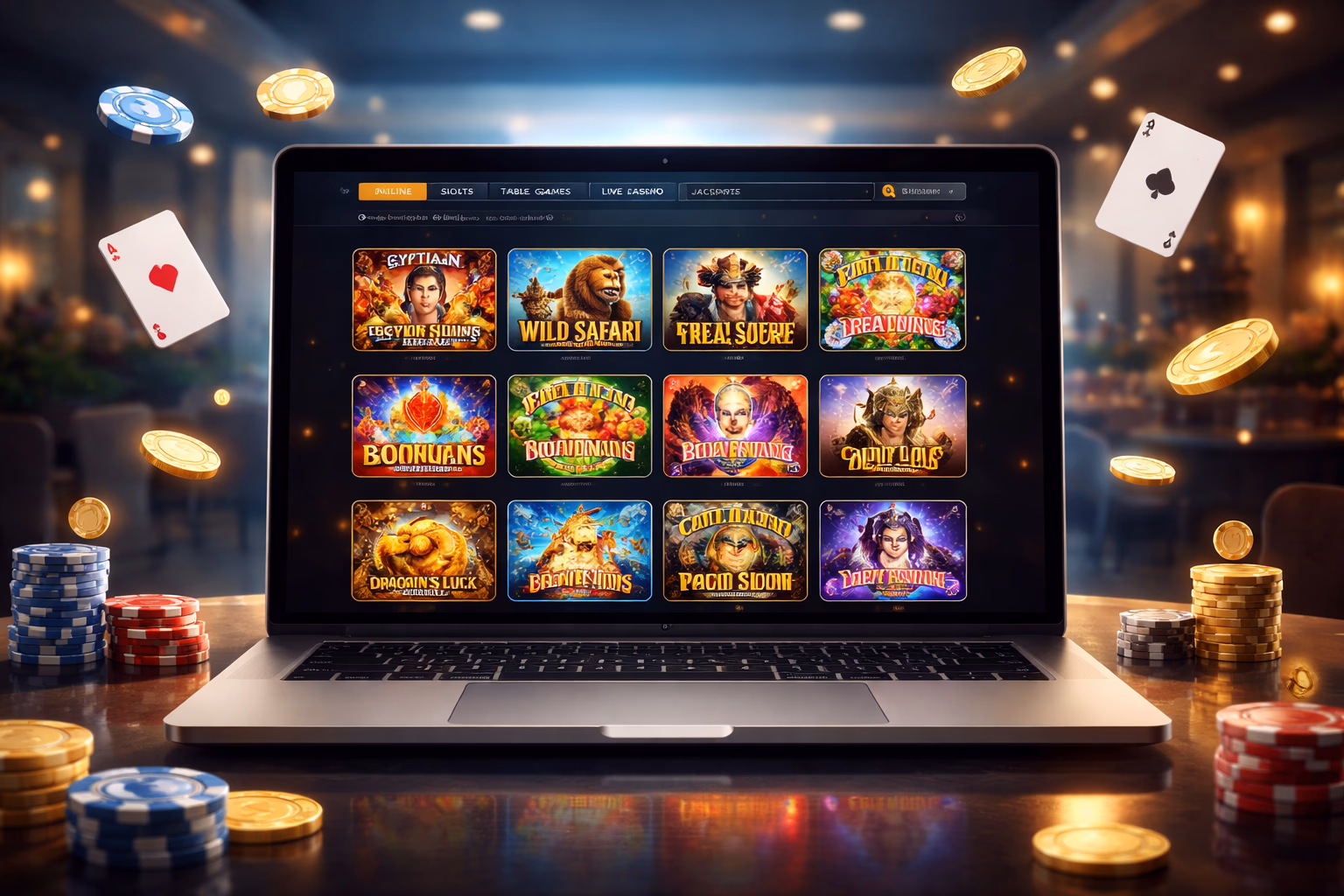 Laptop display featuring bright casino game tiles, animated reels and polished 35BD interface elements