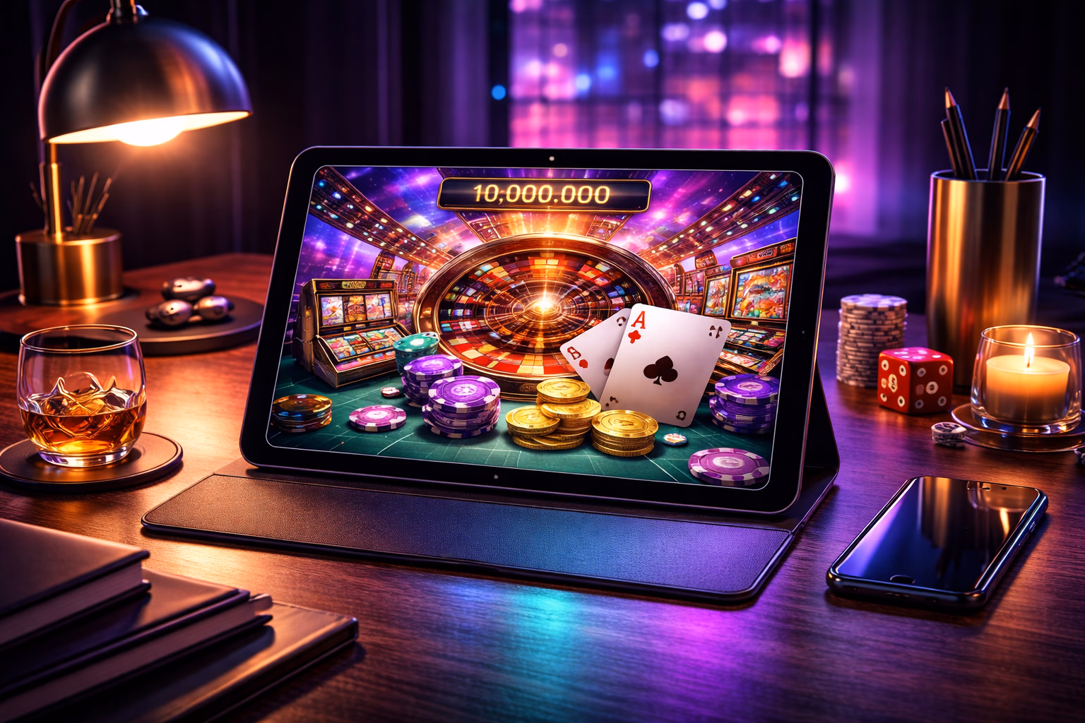 Modern gaming corner with tablet-based casino play, glowing lights and sleek 35BD themed visuals