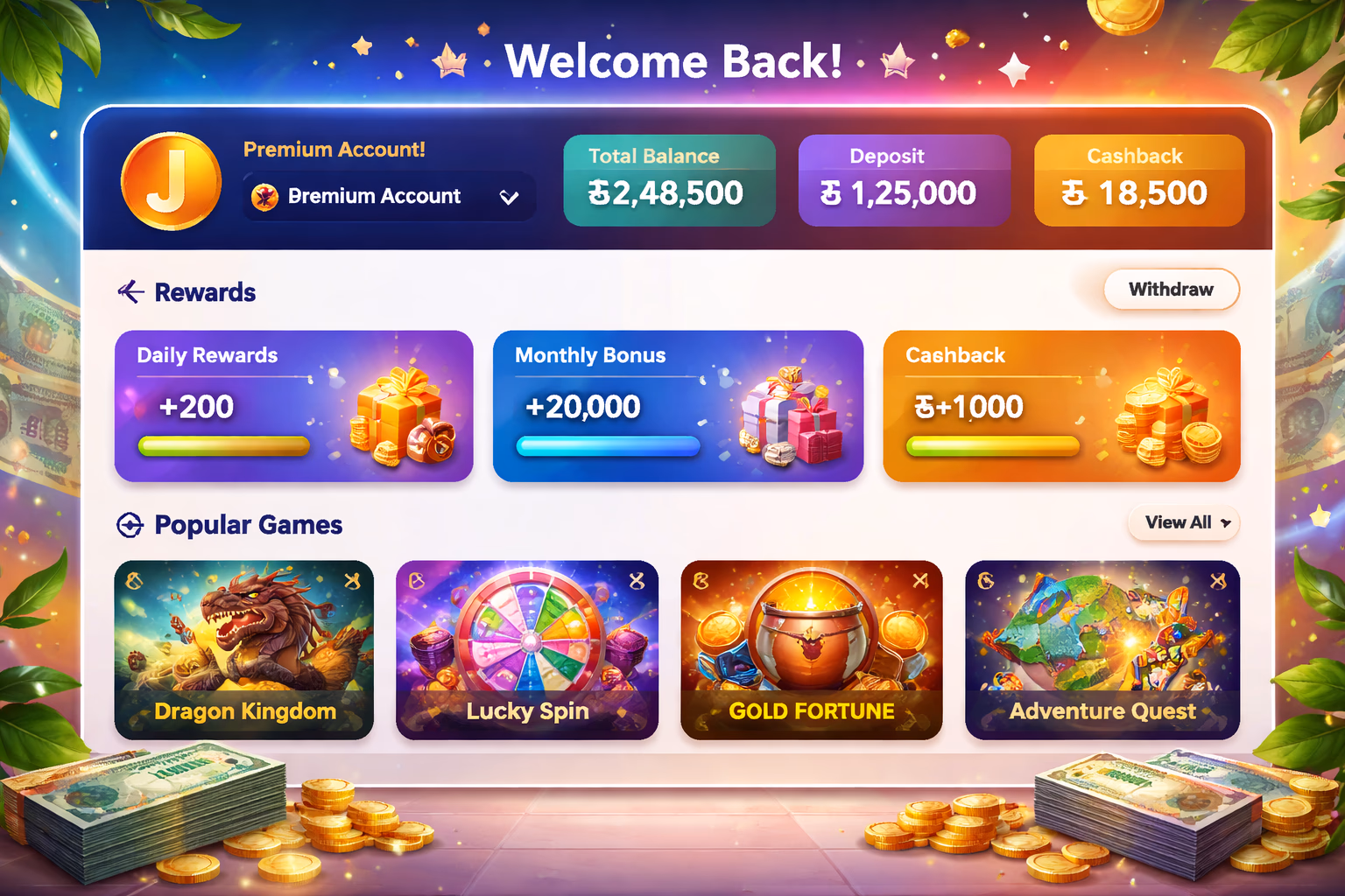 Premium account dashboard concept showing rewards, wallet tools, and personalized gaming features inside the 35BD ecosystem
